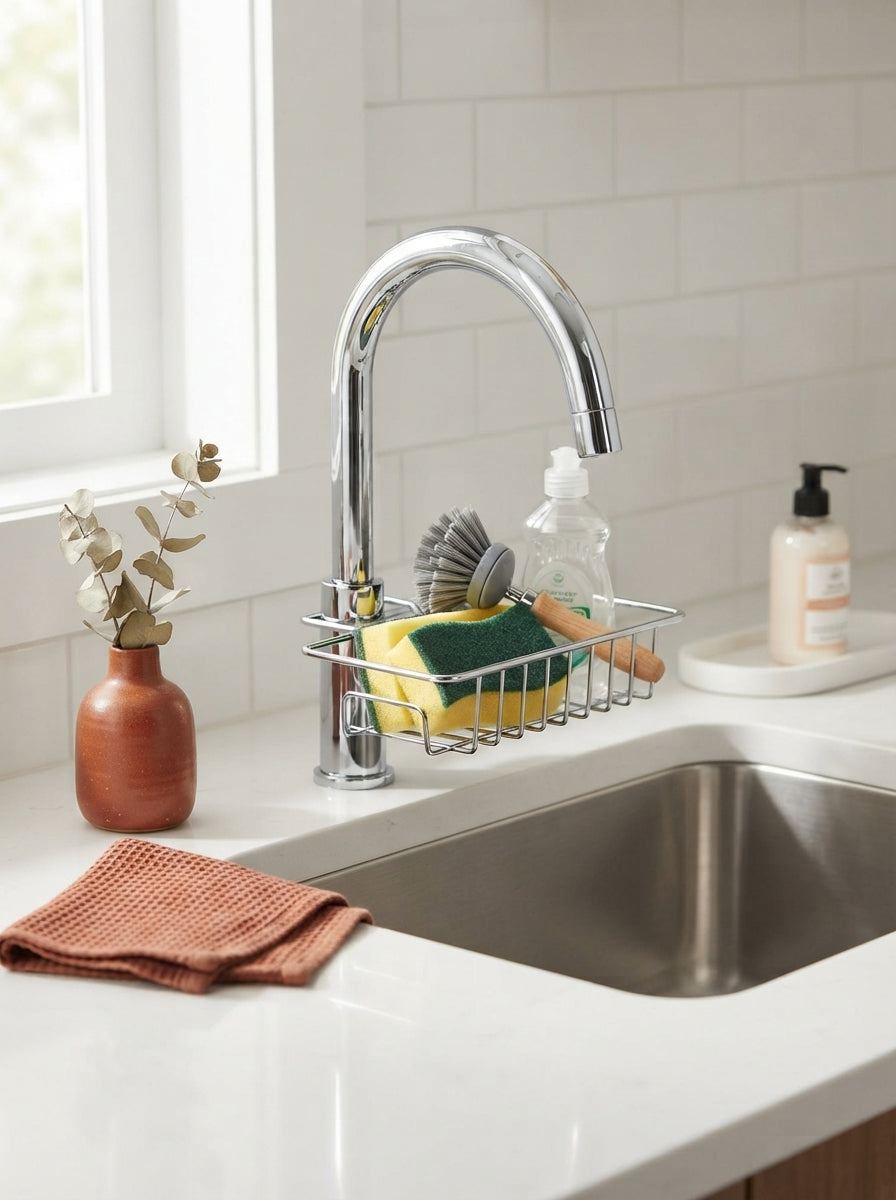 A modern sink caddy organizer on a white countertop holding sponges and brushes, accented by terracotta and burnt sienna deco